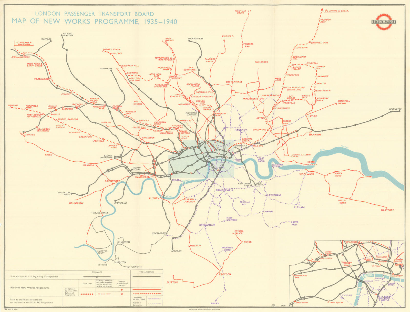 London Passenger Transport Board. 1935-1940 New Works Programme Map. 1938